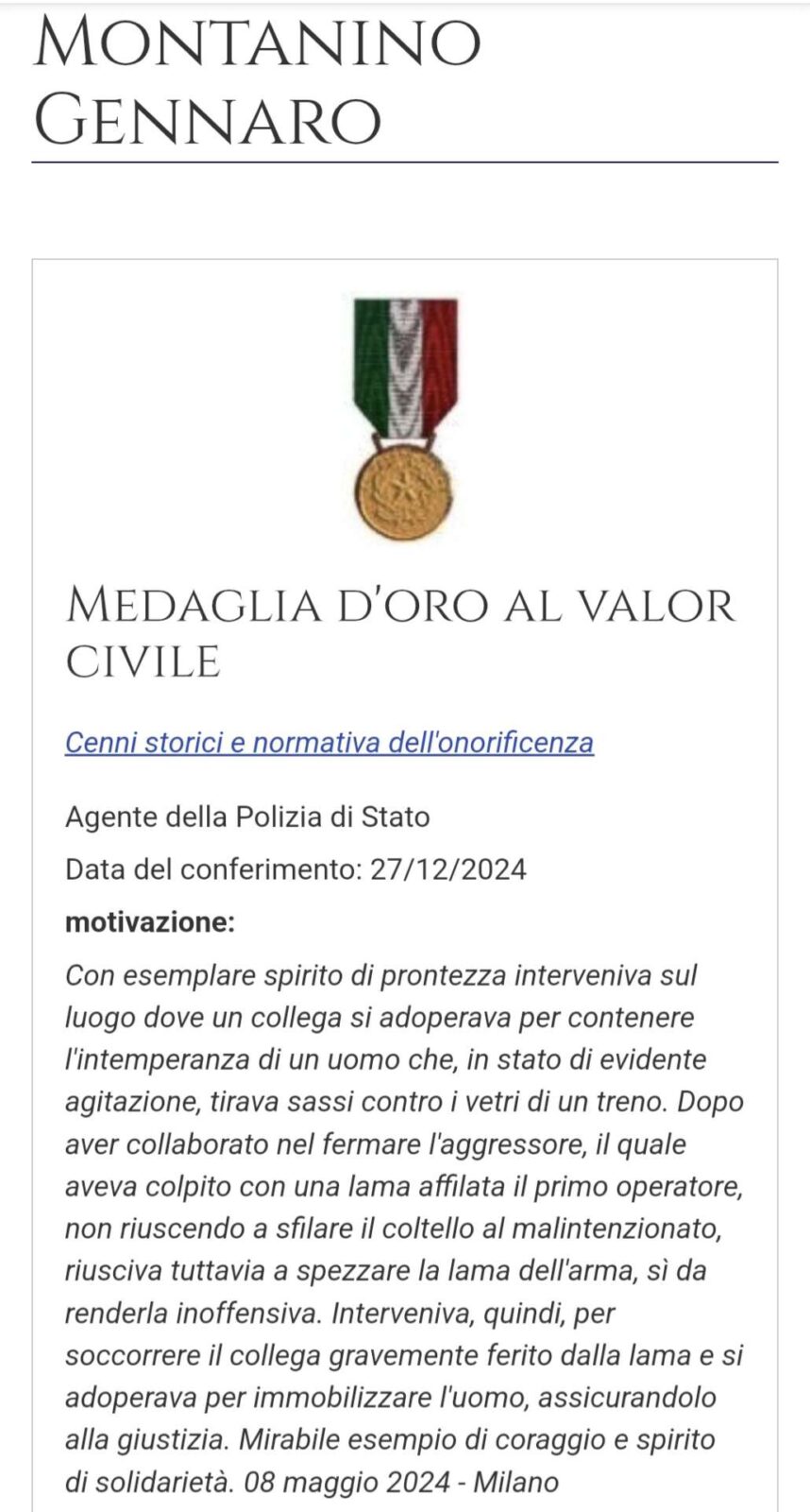 Medaglia d'oro al valore civile per Di Martino e Montanino 2 Montanaro movc