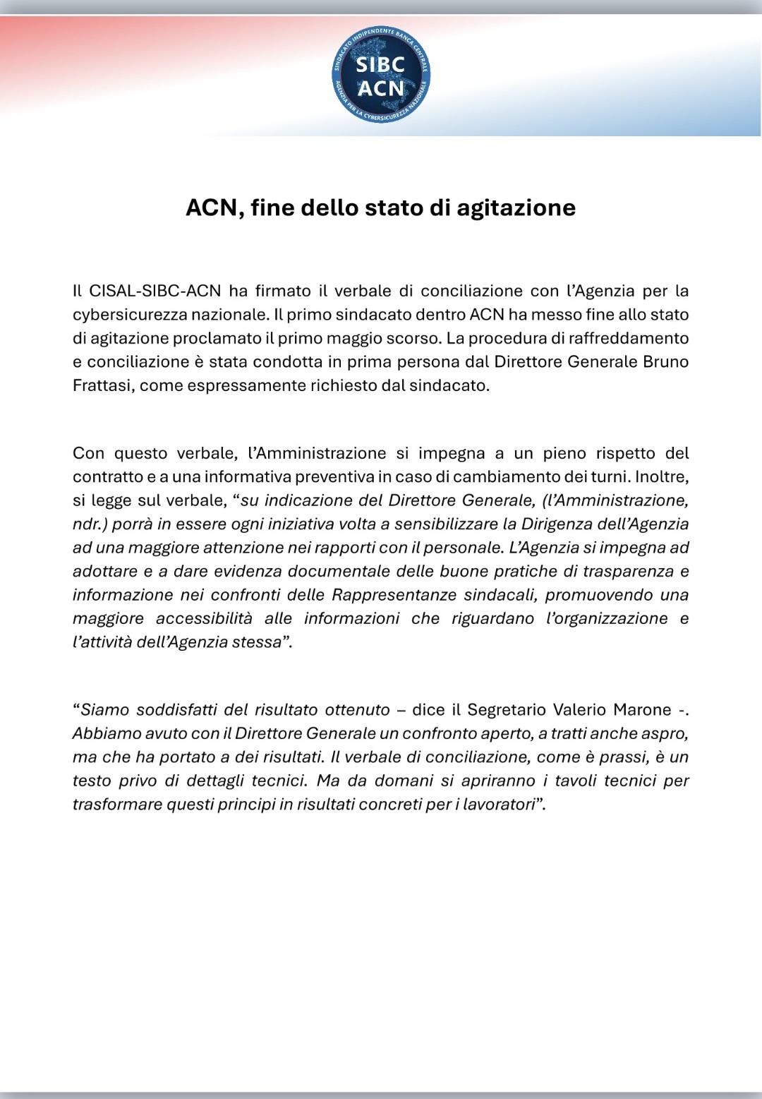 ACN, agitazione rientrata! 2 Acn sindacato sigla verbale