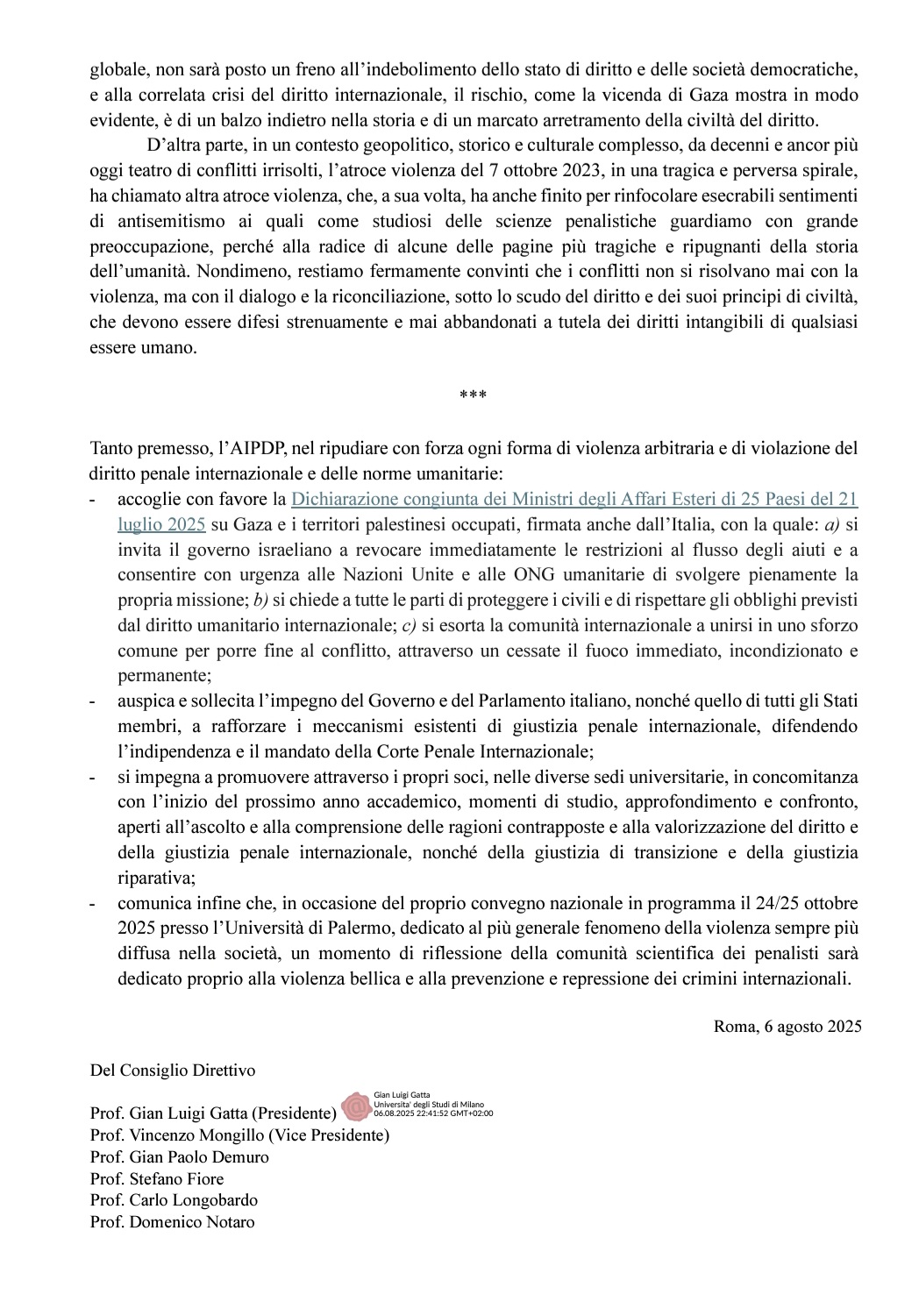 Lettera su Gaza prof diritto2