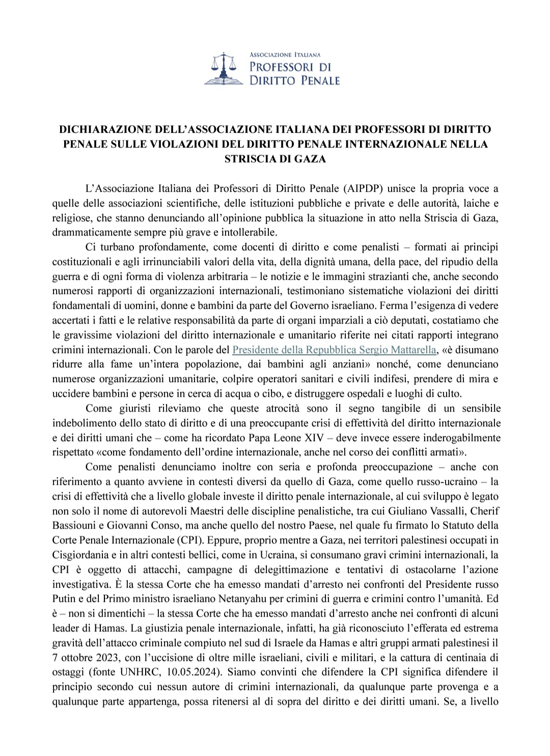 Lettera su Gaza prof diritto