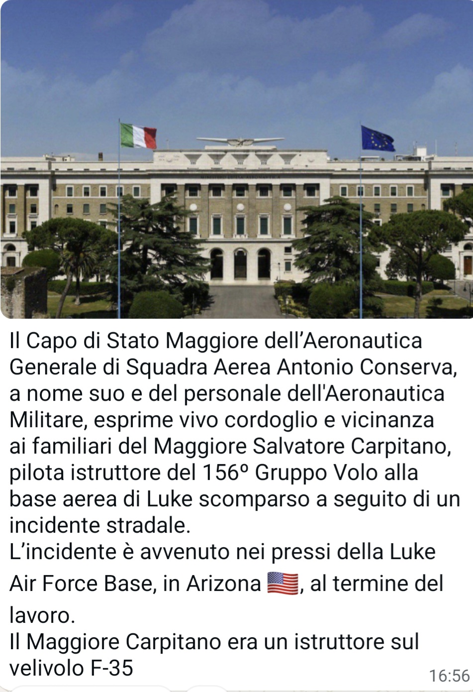 Aeronautica Militare a lutto 1 Msg cordoglio CSM aeronautica militare